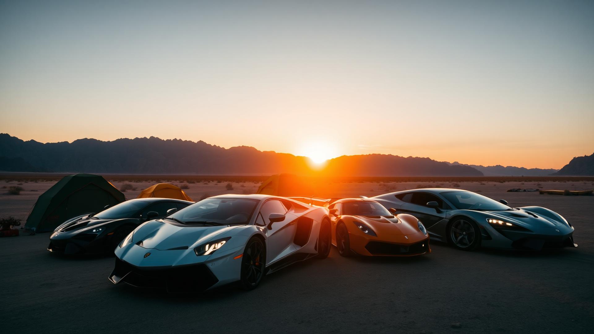 Supercar Camping in the desert at golden hour